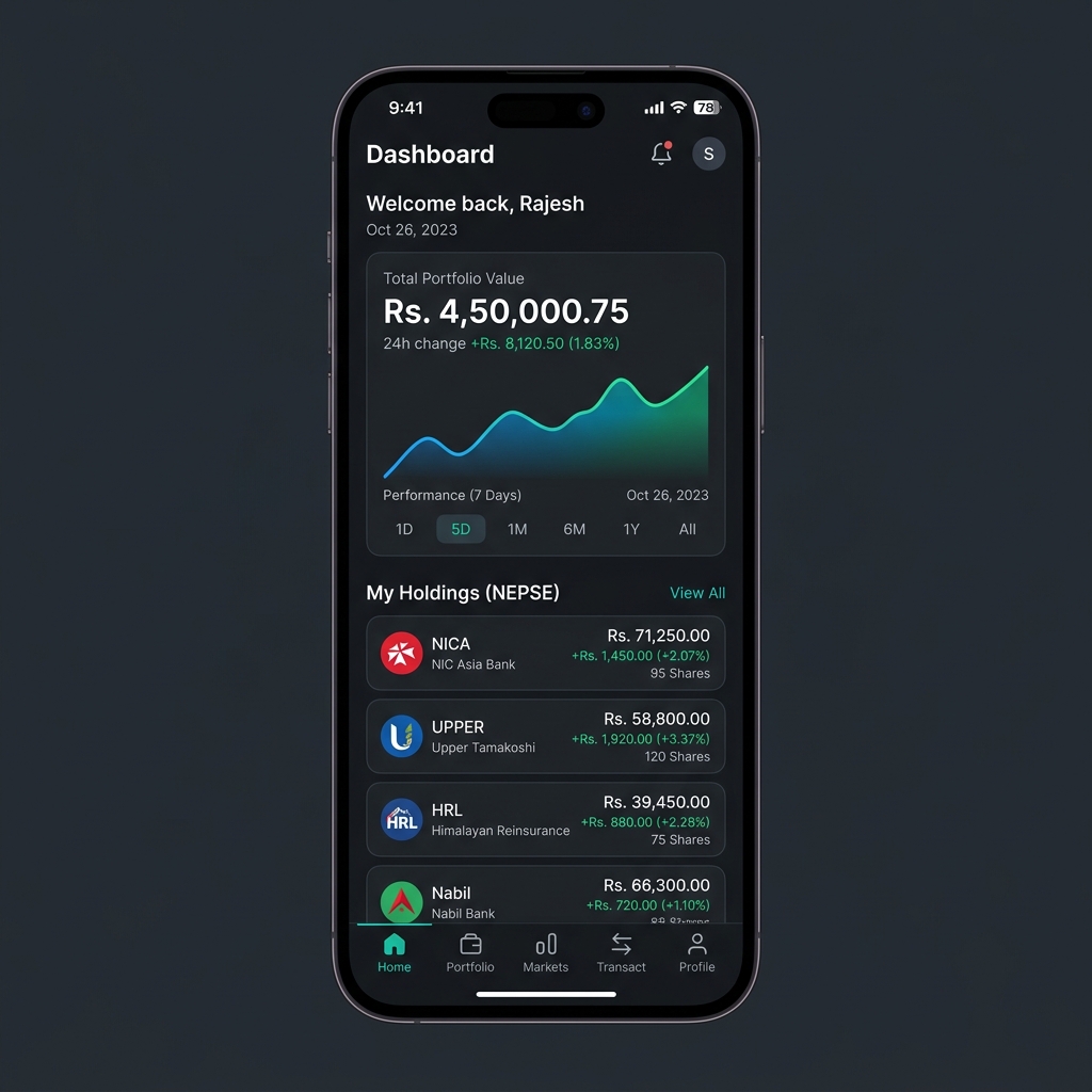 Sampati App Dashboard showing Nepalese Stock Portfolio