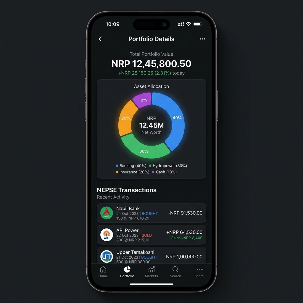 Sleek portfolio analysis and donut asset distribution chart in Sampati App